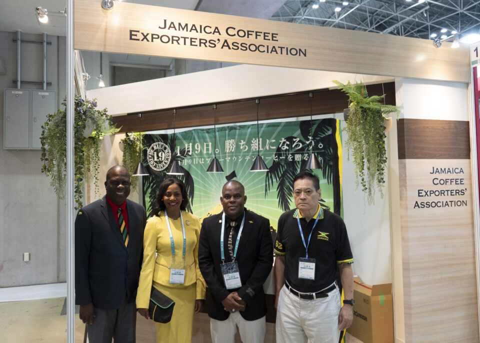 Caption: (L-R) Mr. Norman Grant (JCEA Chairman), Jamaican Ambassador Shorna-Kay Richards, Mr. Patrick Pitterson (Acting Director General, JACRA) and Mr. Masanori Kotani (Promotions Committee, AJIJC) pictured at the Jamaica Coffee Exporters’ Association’s booth at the 2023 Specialty Coffee Association of Japan (SCAJ) World Specialty Coffee Conference and Exhibition held in Japan last September.